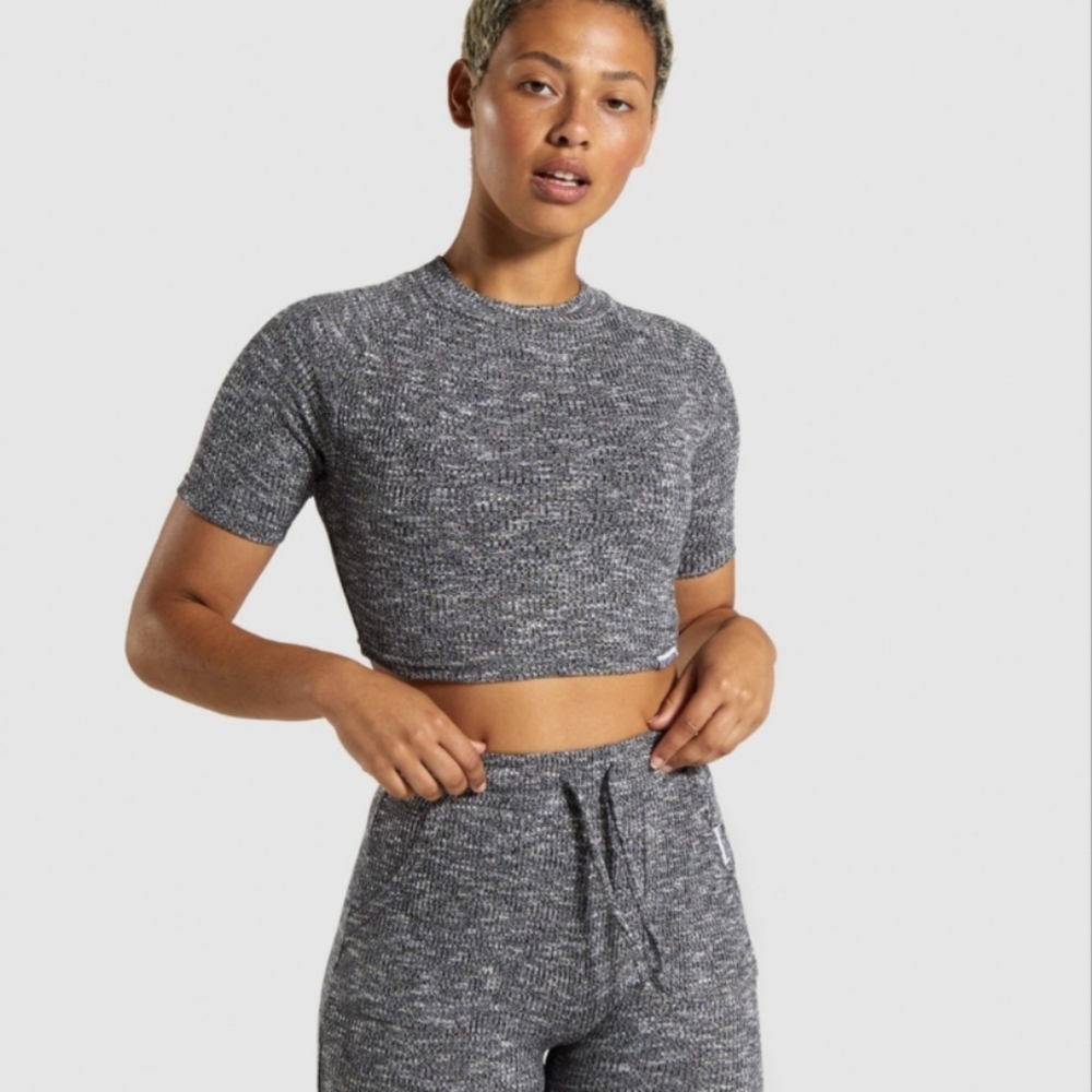Gymshark Slounge Crop Top Black Marled Size Medium Stretch Active Lounge Wear
